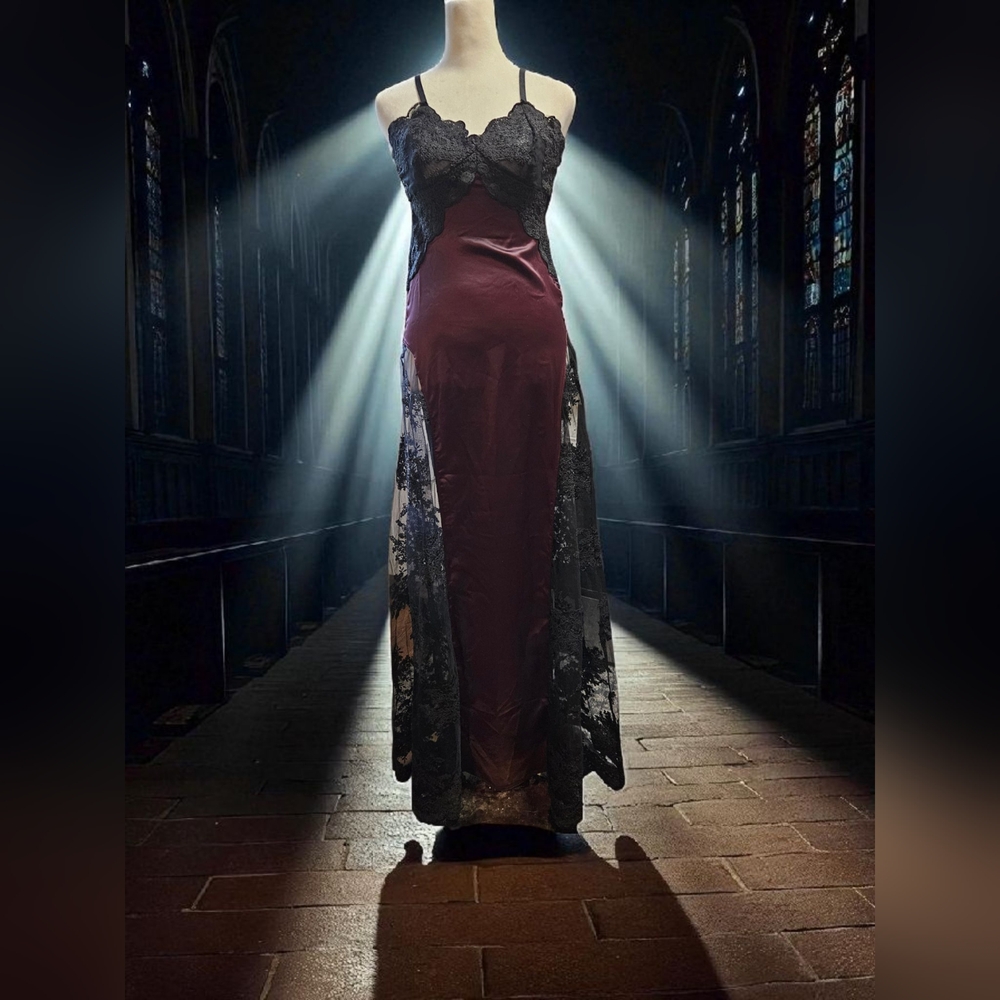 Dolls Kill Burgundy Satin Maxi Dress with Black Lace Overlay